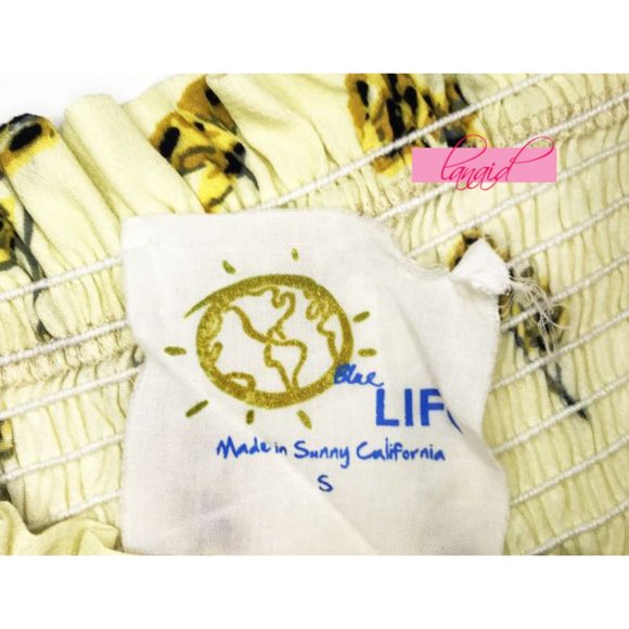 Blue Life Printed Smocked Top Yellow Floral Ruched Bust Off-The-Shoulder Crop S - Picture 4 of 6